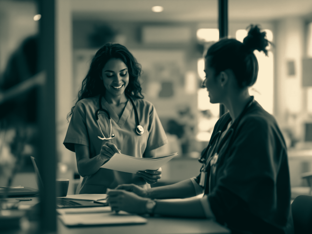 A student's verified compliance documents being handed to a clinical supervisor